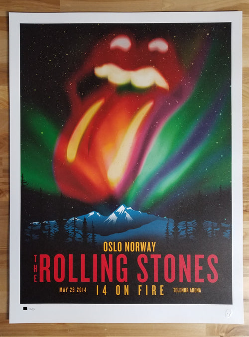 Title:  The Rolling Stones - 2014 OFFICIAL POSTER OSLO NORWAY #2  Poster artist:   Edition:  xx/500  Type: Limited edition lithograph   Size: 17" x 23"  Location: Oslo, Norway   Venue:  Telenor Arena   Notes:  1st edition, official poster hand numbered and embossed  Official poster, Europe 14 On Fire Tour original from the show!