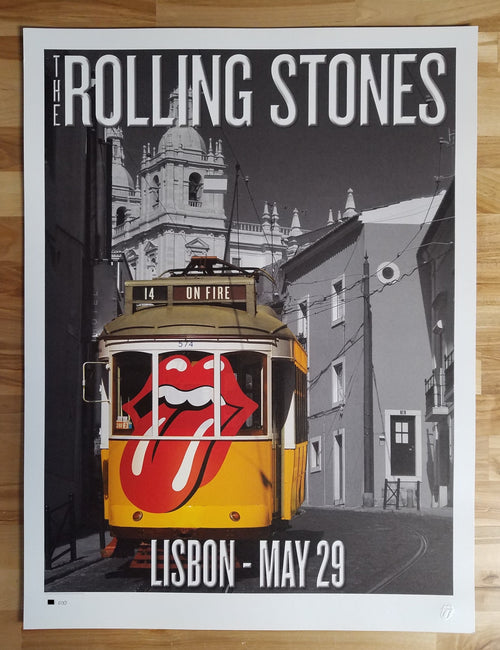 Title: Rolling Stones - 2014 OFFICIAL POSTER LISBON #1  Poster artist:   Edition:  xx/500  Type: Limited edition lithograph   Size: 17" x 23"  Location:  Lisbon, Portugal   Venue:  Rock in Rio Festival   Notes:  1st edition, official poster hand numbered and embossed.  Official poster, Europe 14 On Fire Tour original from the show!