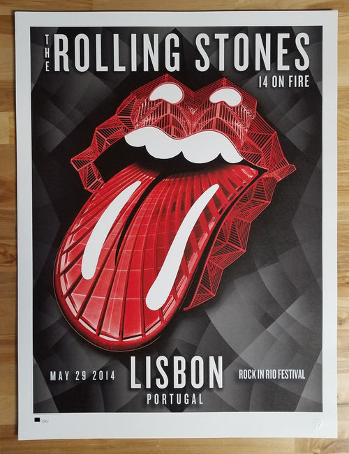 Title: Rolling Stones  - 2014 OFFICIAL POSTER LISBON #2 ROCK IN RIO  Poster artist:   Edition:  xx/500  Type: Limited edition lithograph   Size: 17" x 23"  Location: Lisbon, Portugal   Venue:  Rock in Rio Festival   Notes:  1st edition, official poster hand numbered and embossed.  Official poster, Europe 14 On Fire Tour original from the show!