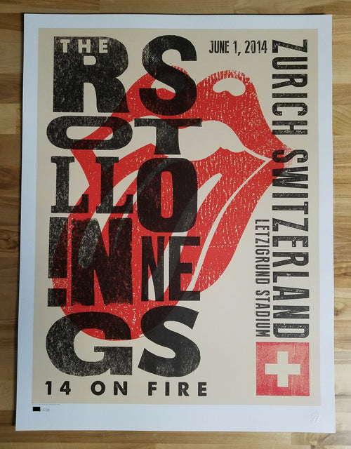 Title:  Rolling Stones   Edition: 1st edition, official poster hand numbered and embossed  Type:  Limited edition lithograph   Size:  17" x 23"  Location:  Zurich, Switzerland   Venue:  Letzigrund Stadium   Notes:  Official poster, Europe 14 On Fire Tour original from the show!