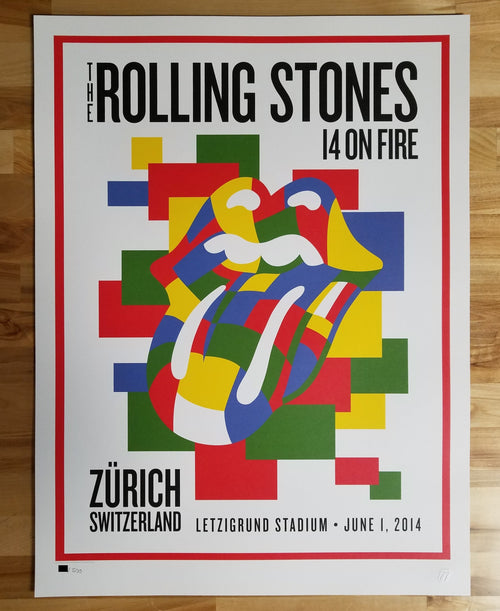 Title: Rolling Stones   Edition: 1st edition, official poster hand numbered and embossed.  Type: Lithograph.  Edition:  xx/500  Size: 17" x 23"  Location: Zurich, Switzerland   Venue: Letzigrund Stadium   Notes: Official poster, Europe 14 On Fire Tour original from the show!