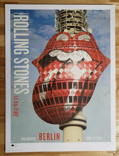 Title: Rolling Stones - 2014 OFFICIAL POSTER BERLIN GERMANY  Poster artist:    Edition:  xx/500  Type: Limited edition lithograph   Size: 17" x 23"  Location: Berlin, Germany   Venue:  Waldbuhne   Notes:  1st edition, official poster hand numbered and embossed.  Official poster, Europe 14 On Fire Tour original from the show!