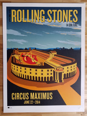 Title:  The Rolling Stones - 2014 OFFICIAL POSTER ROME, ITALY #2  Poster artist:   Edition:  xx/500  Type:  Lithograph   Size: 17" x 23"  Location: Rome Italy   Venue: Circus Maximus   Notes:  1st edition, official poster hand numbered and embossed.  Official poster, Europe 14 On Fire Tour original from the show!