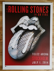 Title: Rolling Stones   Poster artist:   Edition:  xx/500  Type: Limited edition lithograph   Size: 17" x 23"  Location: Stockholm, Sweden   Venue: Tele2 Arena   Notes:  1st edition, official poster hand numbered and embossed.  Official poster, Europe 14 On Fire Tour original from the show!