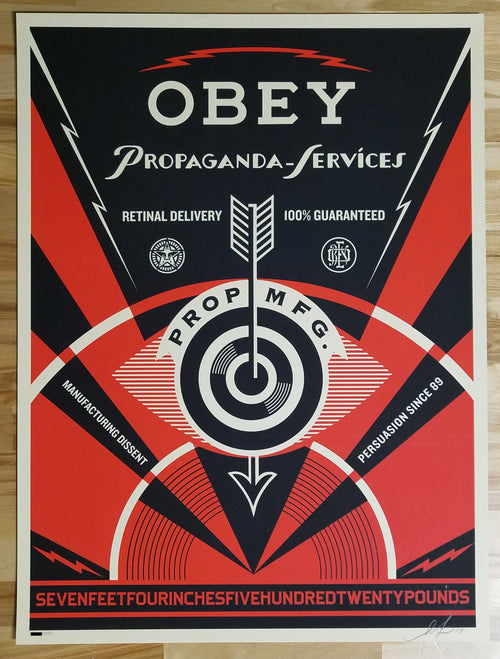 Title:  Propaganda Services Eye - 2014  Artist:  Shepard Fairey  Edition:  Limited Edition Screen print Poster of 450 worldwide, signed and numbered by the artist  Type:  OBEY Giant Screen Print poster  Size:  18" x 24"  Notes:  Print is stored flat in very good condition.