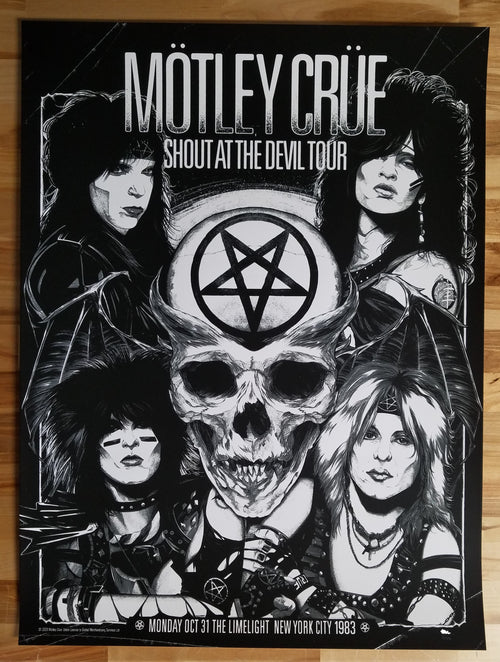 Title: MÖTLEY CRÜE NEW YORK CITY 1983 BY WILDNER LIMA (MAIN EDITION) Poster Poster artist: Wildner Lima Edition: xx/200 Type: Screen Print Size: 18" x 24" Location: New York City Venue: Limelight Notes: Officially Licensed by Mötley Crüe. Printed on French White.  Holographic sticker on back of print for authenticity.  Please allow up to 8 weeks for shipment of item(s)