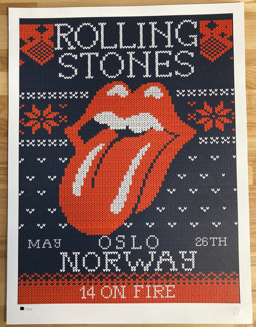 Title: Rolling Stones   Poster artist:   Edition: 1st edition, official poster hand numbered and embossed  Type: Limited edition lithograph   Size: 17" x 23"  Location: Oslo, Norway   Venue: Telenor Arena   Notes: Official poster, Europe 14 On Fire Tour original from the show!