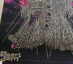 Title:  Official Pearl Jam London 2022 - Woodchip Variant  Artist:  Ames Bros  Edition:  Woodchip Variant Edition xx/85, signed and numbered  Type: 3 Color silkscreen poster on chipboard paper  Size: 18" x 24"  Venue:  Hyde Park  Location:  London, UK