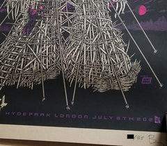 Title:  Official Pearl Jam London 2022 - Woodchip Variant  Artist:  Ames Bros  Edition:  Woodchip Variant Edition xx/85, signed and numbered  Type: 3 Color silkscreen poster on chipboard paper  Size: 18" x 24"  Venue:  Hyde Park  Location:  London, UK