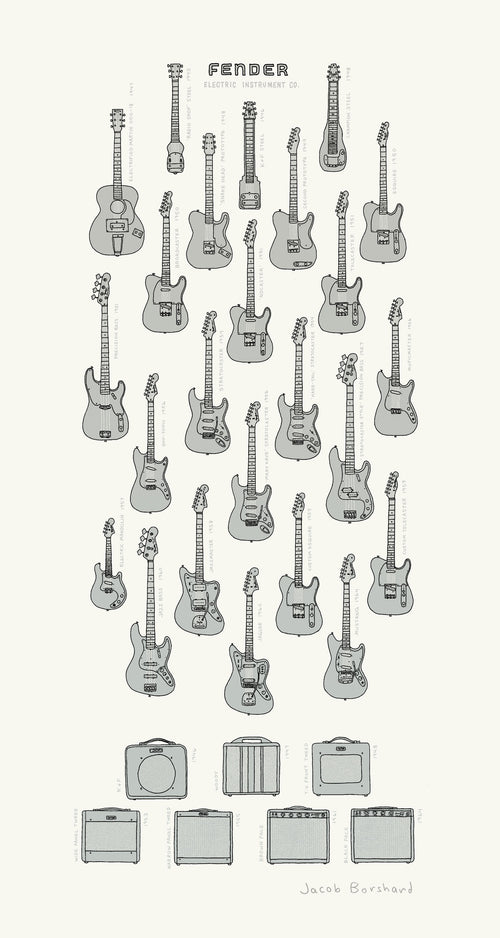 Title:  Electric Instrument Co. - Silver Edition  Poster artist:  Jacob Borshard  Edition:  xx/57 s/n  Type:  Hand deckled edges on left side of the print  Size:  16" x 30"  Notes:  Released by Mondo in 2014.  Print is stored flat in very good condition.  Check out our other listings for more hard-to-find and out-of-print posters.