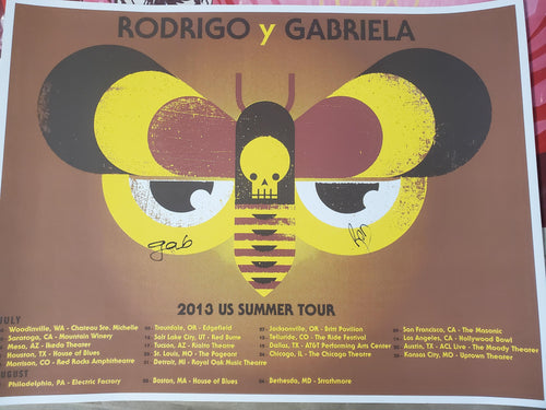 Title: Rodrigo Y Gabriela Summer 2013 Type: Silk Screen Size: 24" x 18" Location: Various Venue: Various Notes:  Check out our other listings for more hard-to-find and out-of-print posters.